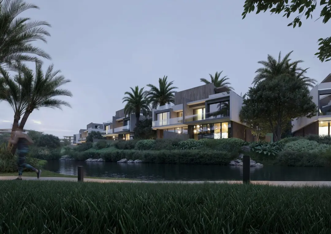 Luxury villa exterior at sunset