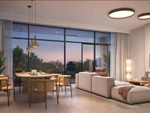 Luxury apartment interior at Ghaf Woods with modern decor, large windows, and scenic views.