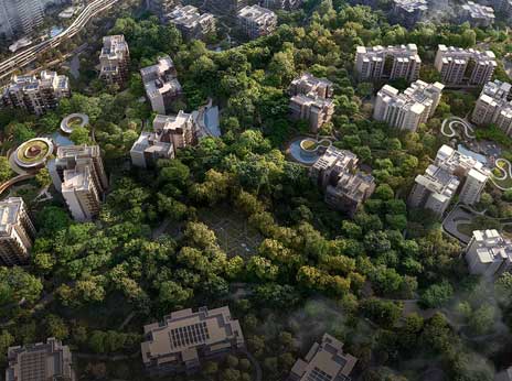 Aerial view of Ghaf Woods community with modern buildings surrounded by lush greenery