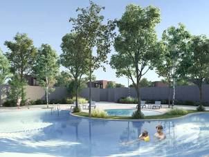 Rendering of the community pool area at Masaar by Arada, featuring families enjoying the water and surrounding green spaces.