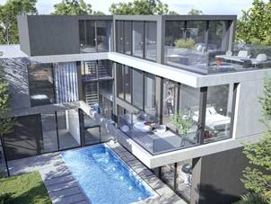 Rendering of the community pool area at Masaar by Arada, featuring families enjoying the water and surrounding green spaces.