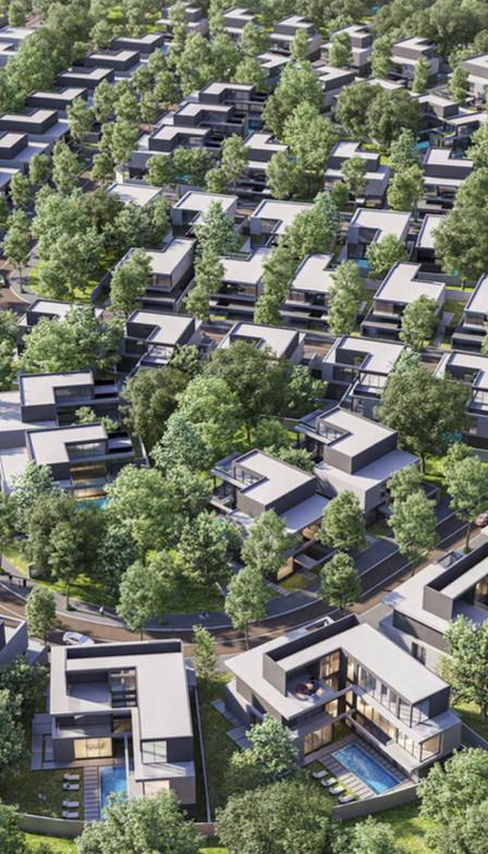 Aerial view of Masaar, a residential development by Arada in Dubai, featuring modern villas surrounded by green spaces.