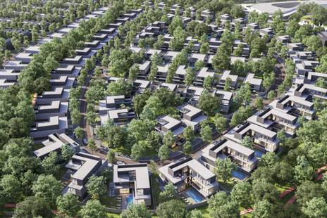 Lake view at Riviera in The Valley by Emaar, a residential development in Dubai, with families and modern homes.