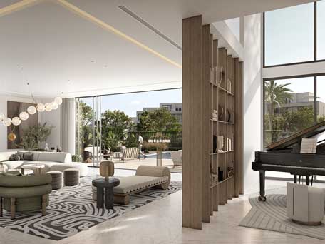 Elegant interior of a luxury villa at Oasis by Emaar in Dubai, featuring a grand piano, modern decor, and large windows with a scenic view