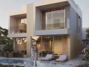 Ora Bayn townhome backyard in Ghantoot with a private pool, outdoor seating, and modern design