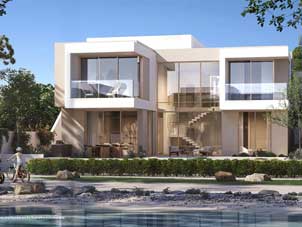 Modern Ora Bayn townhome exterior in Ghantoot with large windows, terraces, and a family biking nearby
