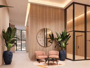 Stylish lobby at Sidr Residences, showcasing contemporary interiors with elegant furnishings and artistic accents
