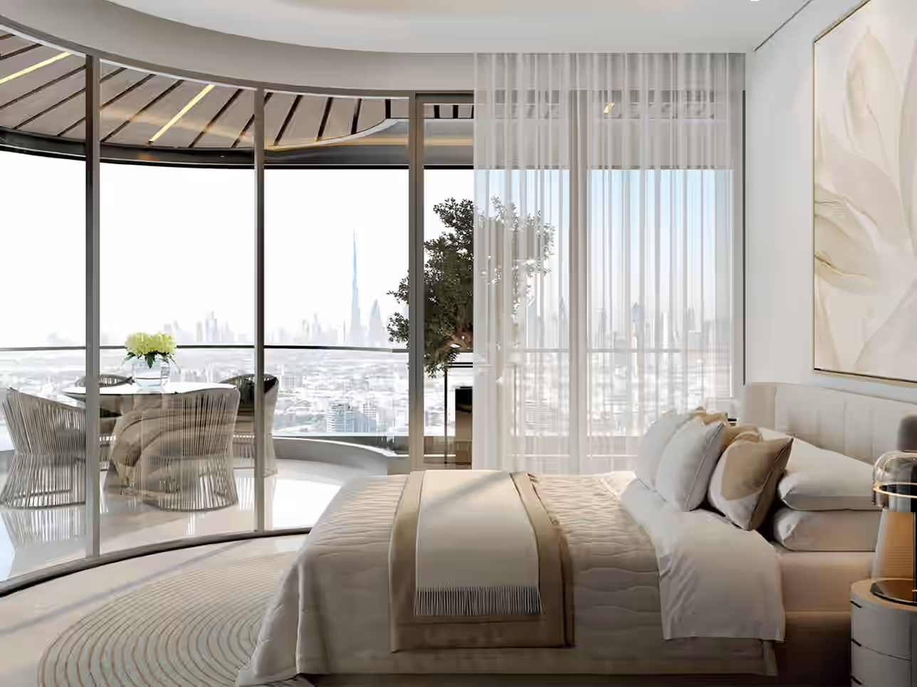 Luxury bedroom interior of Skyhills Astra by HRE Development, featuring a modern bed with plush bedding, large curved windows with a city skyline view, and a balcony with a small dining area.