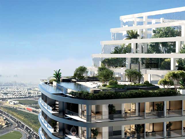Architectural rendering of Skyhills Astra showcasing its unique tiered design with greenery, possibly a rooftop pool or garden, against the Dubai skyline.