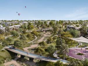 Aerial view of Riviera at The Valley by Emaar, showing the residential community with green spaces and pathways.