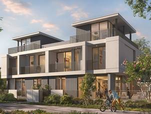 Modern townhouse at Riviera in The Valley by Emaar, featuring clean architectural lines and outdoor balconies.