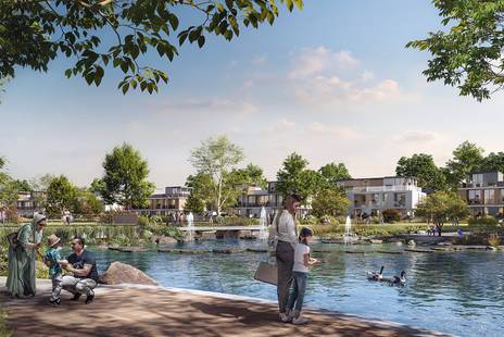Lake view at Riviera in The Valley by Emaar, a residential development in Dubai, with families and modern homes.