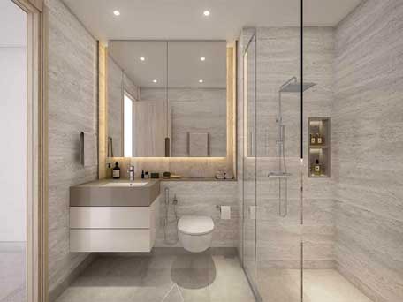 Luxurious bathroom at Urban Park Residences with marble finishes, modern fixtures, and glass shower