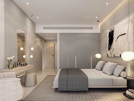 Elegant bedroom interior at Urban Park Residences with modern decor, large wardrobe, and stylish lighting