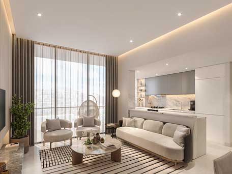 Spacious living room at Urban Park Residences with modern decor, large windows, and integrated kitchen