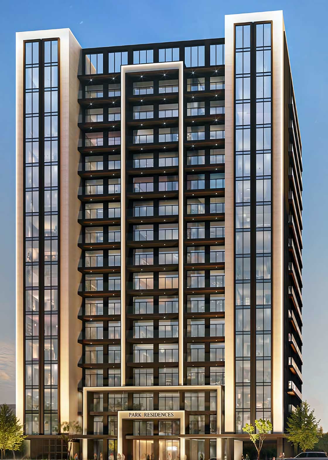 Modern 16-story Urban Park Residences tower in Dubai Sports City with sleek glass facade and cityscape background