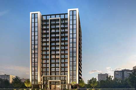 Modern 16-story Urban Park Residences tower in Dubai Sports City with sleek glass facade and cityscape background